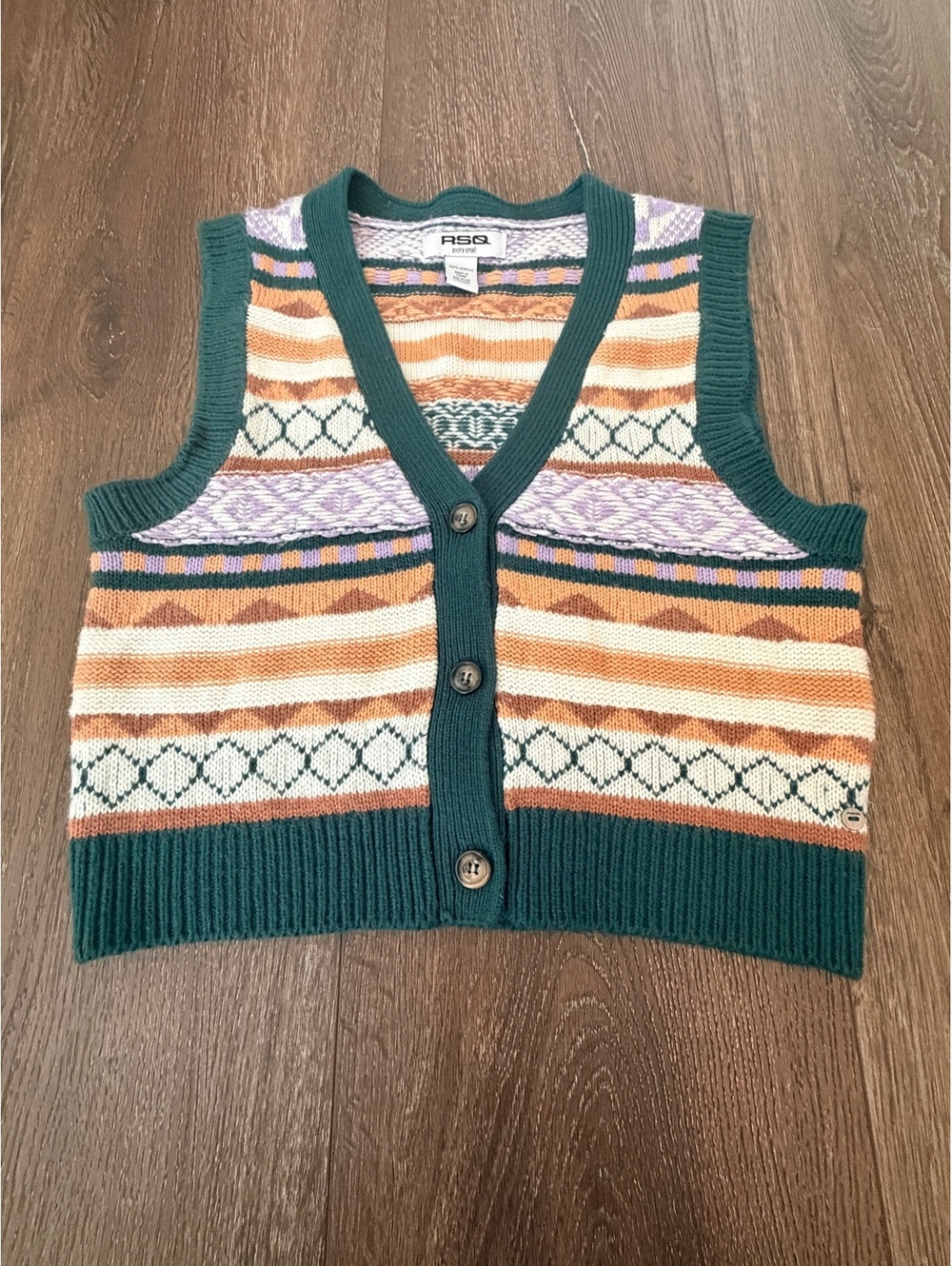 RSQ Fair Isle Sweater Vest Cropped Button Front Green Multicolor Women’s XS